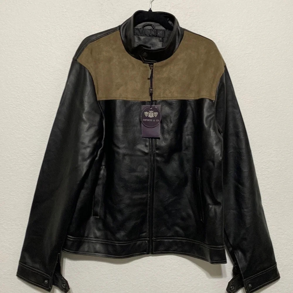 Emporio & Co NWT Black Tan Leather Suede Full Zip Jacket Size XXL